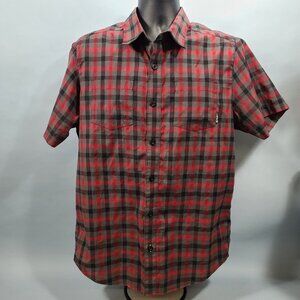 Rusty Red Black Grey Plaid Button Down Short Sleeve Shirt Men's Size Medium